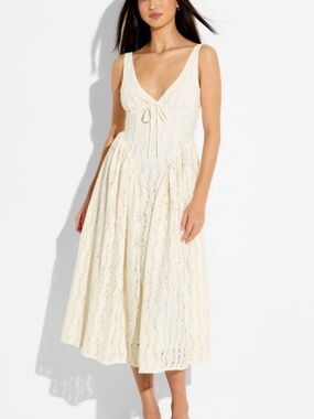 wild fable Cream Lace Midi Dress with V-Neck and Tie